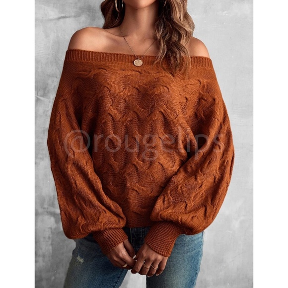 Off Shoulder Batwing Sleeve Rusty Brown Knit Sweater - Picture 5 of 8